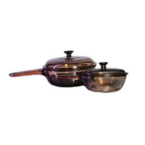 Vintage Visions Cookware Amber Glass Set Of 2Pans Lids  Corningware PYREX Vision